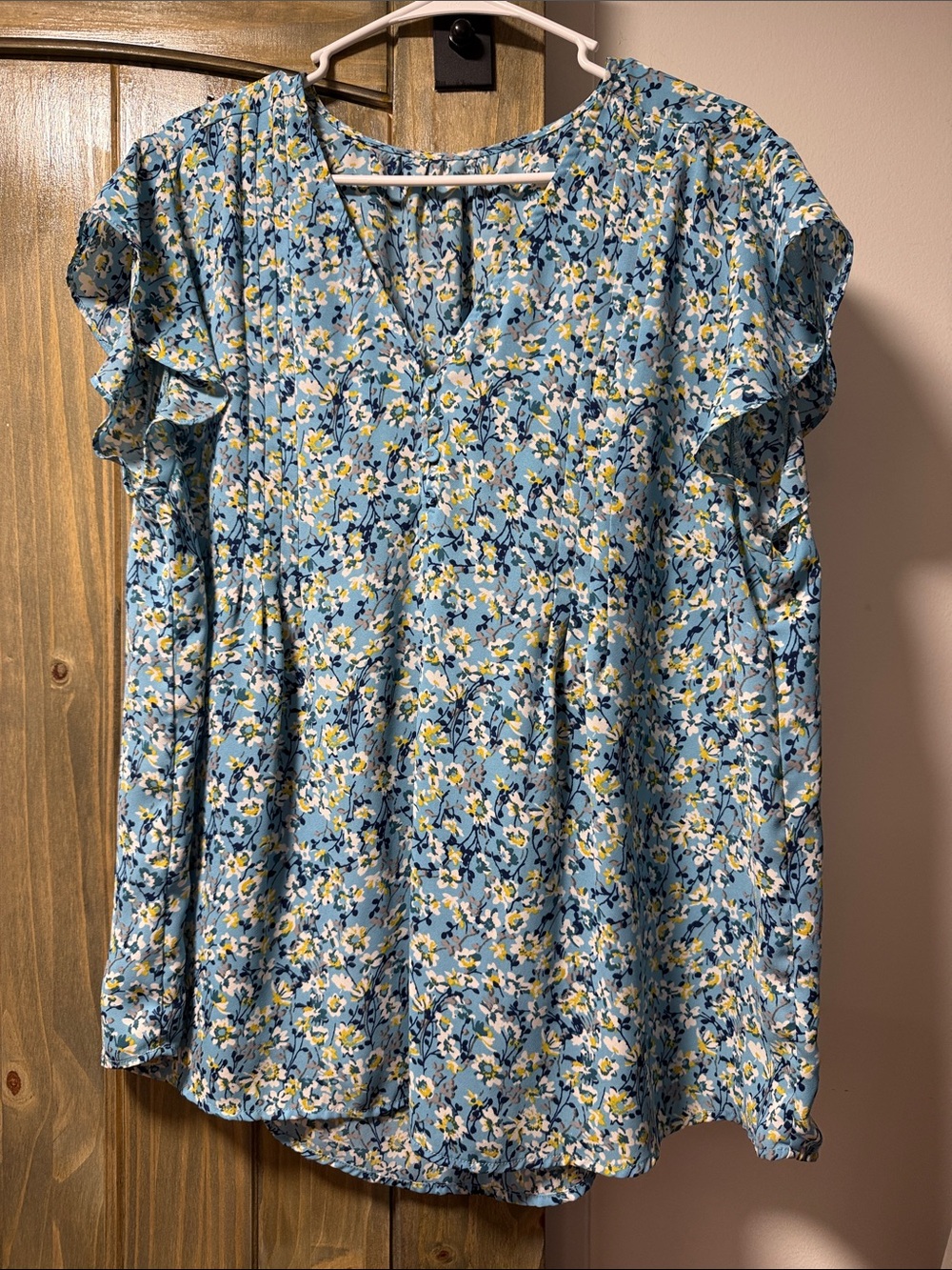 Light Blue Floral Flutter Sleeve Women's Top